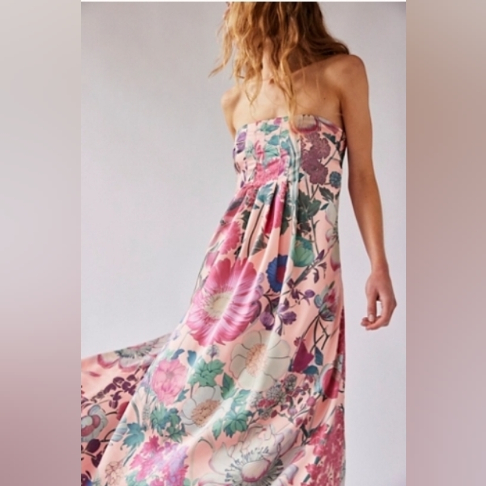 Free People Botanical Floral Formal Strapless Wedding Guest Dress - Pink